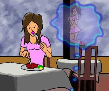 現実の女性が、食べられたがるほどに、自分を愛してくれているという想像をしても、想像では空しいという絵（イラスト）です。