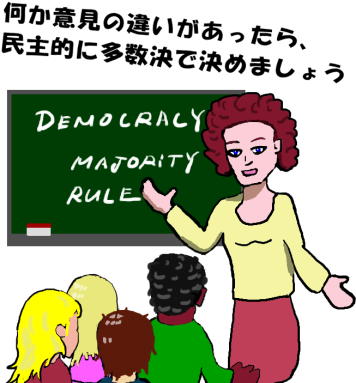 学校の授業で民主主義について先生が教えている絵（イラスト）