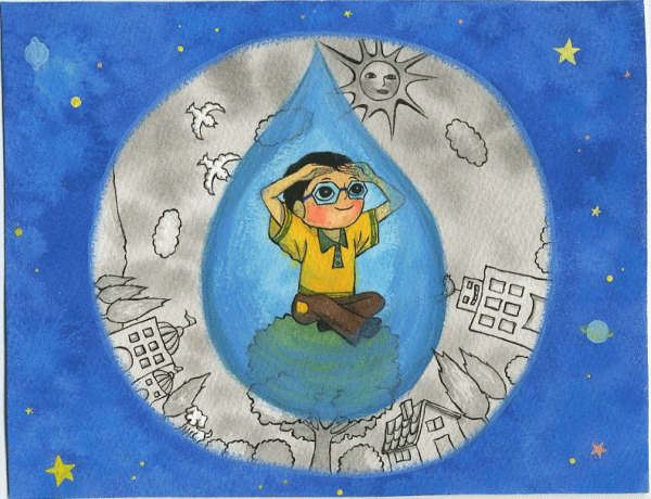 水彩で描く、魔法のメガネの表紙の絵。宇宙を眺める少年の水彩画です。