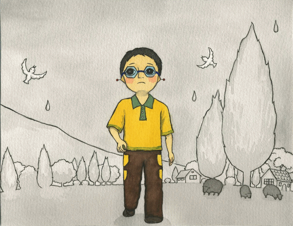 田園を少年が歩くシーンの水彩画。